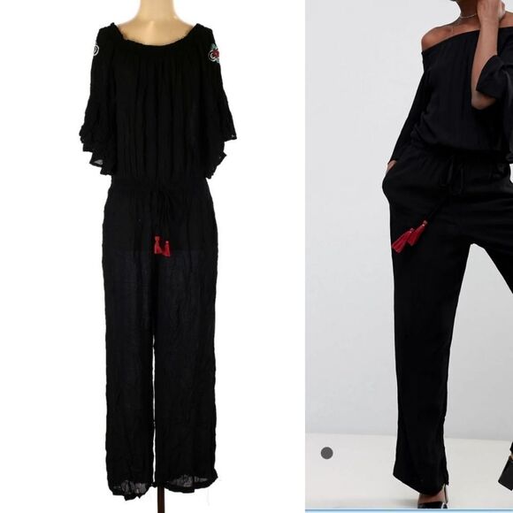 NWT RAGA Avalon Tassel Off Shoulder Embroidered Jumpsuit M - Picture 1 of 7